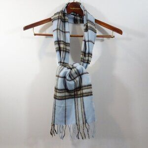 Vintage Plaid 100% Cashmere Scarf Fringe Made in Germany Blue Tan Brown